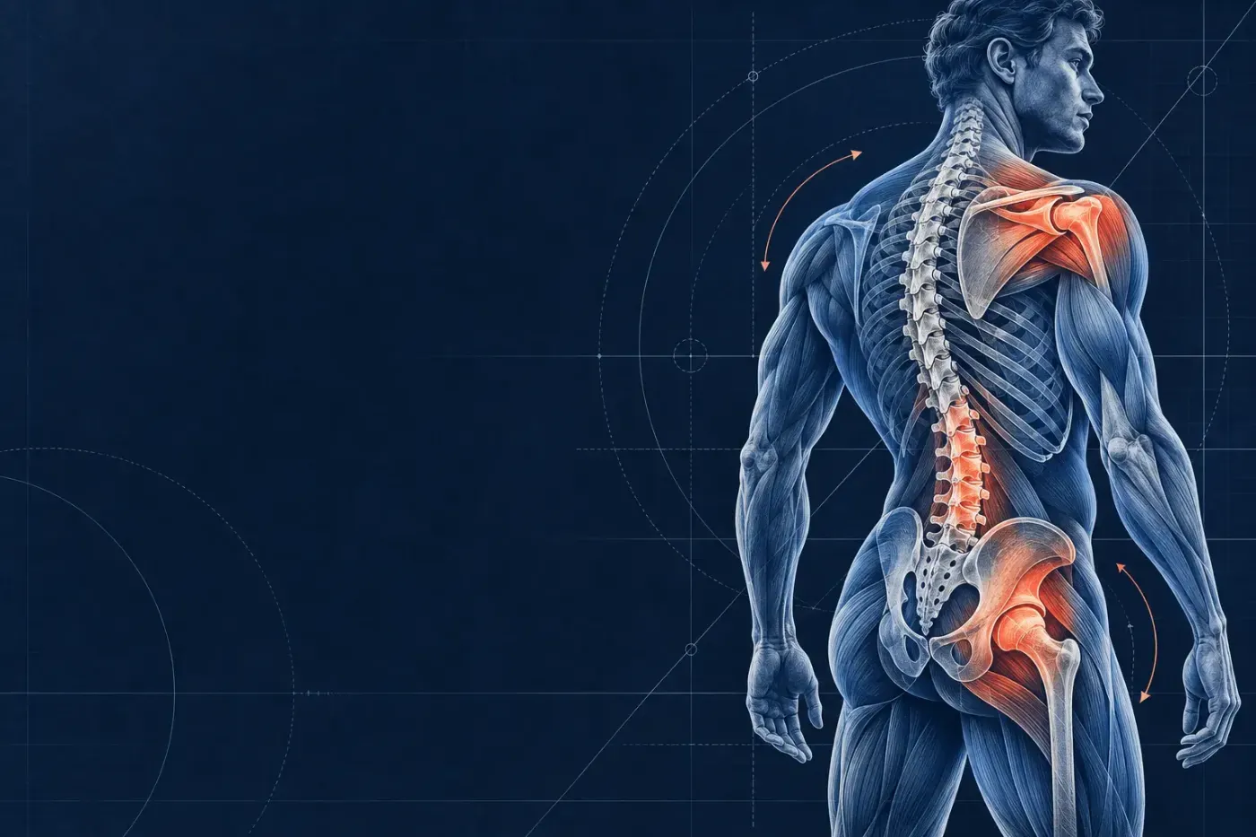 Techniczna ilustracja anatomii kręgosłupa, barku i biodra